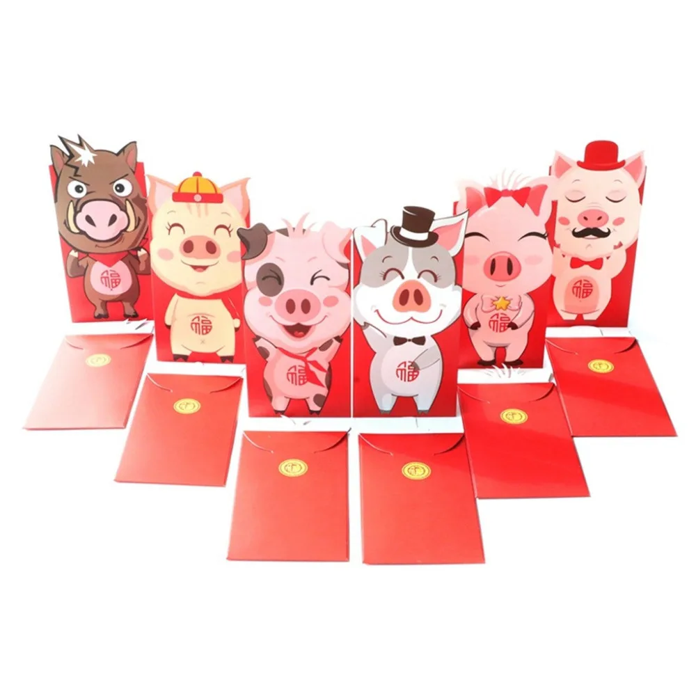 6 шт./компл. красные пакеты 2019 новый год Свинья мультфильм Hong Bao счастливые сумки