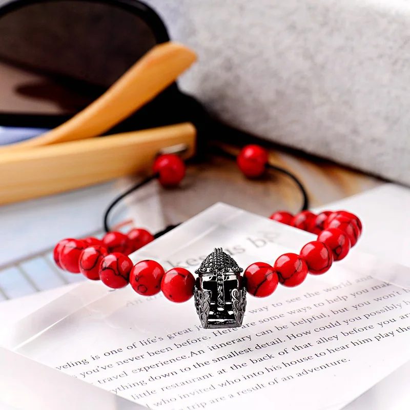 OIQUEI Black Cubic Zirconia Helmet&Balls Charms Bracelet Men Red Natural Stone Braided Macrame Jewelry pulsera hombre | Украшения и