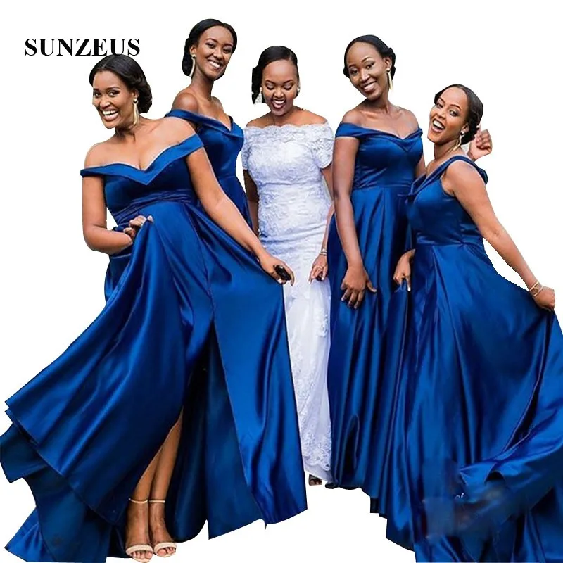 African Women Navy Blue Bridesmaids Dresses Off Shoulder A-line Long Satin Wedding Party Gowns vestido dama de honor boda
African Women Navy Blue Bridesmaids Dresses Off Shoulder A-line Long Satin Wedding Party Gowns vestido dama de honor boda