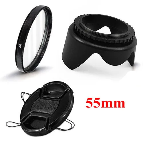 55mm Camera Accessories 3 in 1 set UV Lens Filter Lens Cap Lens Hood for Canon T5i T4i T3i T3 T2i 18-55mm
55mm Camera Accessories 3 in 1 set UV Lens Filter Lens Cap Lens Hood for Canon T5i T4i T3i T3 T2i 18-55mm