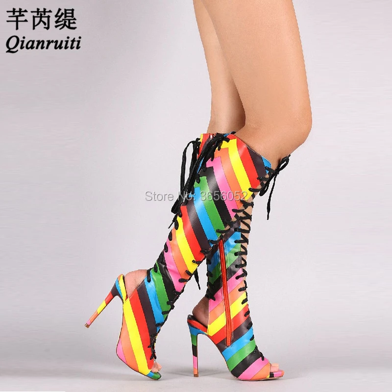 Фото Qianruiti/разноцветная женская обувь из кожи с принтом в полоску на каблуке радуги
