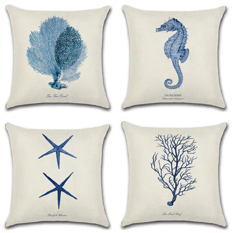

Marine Ocean Printed Cotton Linen Cushion Cover Starfish Seahorse Seaweed Coral Home Decorative Pillowcase for Sofa Wholesale