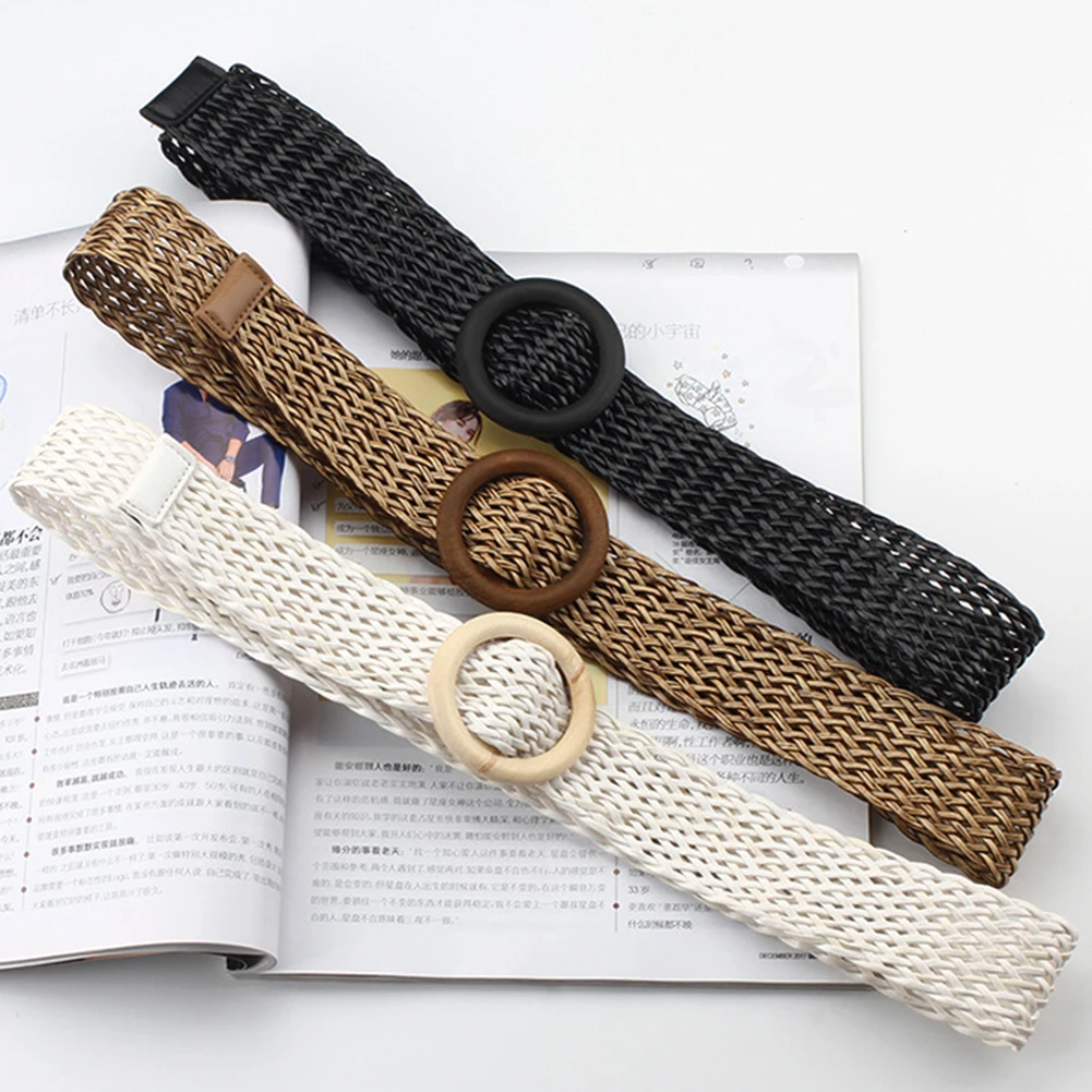 1Pc New Fashion Solid Belt With Round Wooden Buckle Summer Boho Wide Braided Woven Straw Female Knitted Chain On Pants Hot | Аксессуары