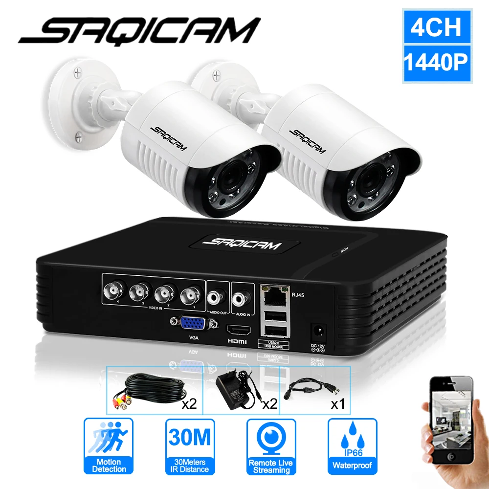 Saqicam 4MP AHD камера безопасности системы 2 шт. 1440 P атмосферостойкая CCTV 4CH DVR комплект