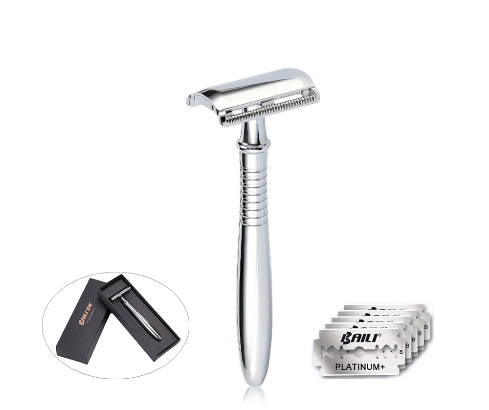 BAILI Manual Chrome Long Handle Men's Barber Shaving Safety Blade Razor Classic Stainless Shaver with 5 blades and case | Красота и