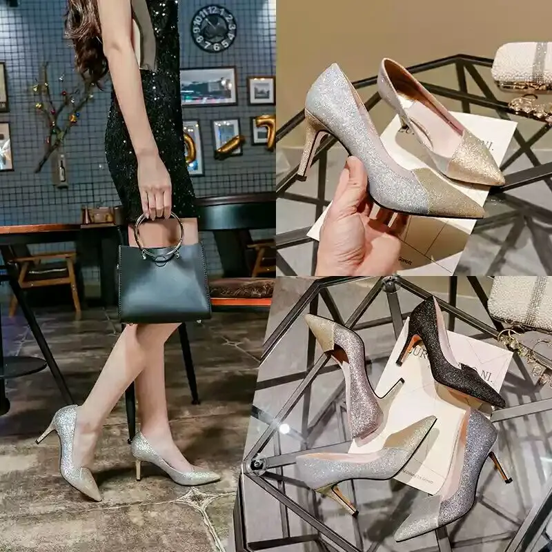new flash material pointed high-heeled shoes fashion color matching with shallow shoes, small size women's shoes
new flash material pointed high-heeled shoes fashion color matching with shallow shoes, small size women's shoes