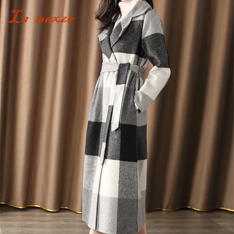 

Женское пальто, длинное шерстяное пальто в клетку, в винтажном стиле, в Корейском стиле, для офиса, для зимы, 2020