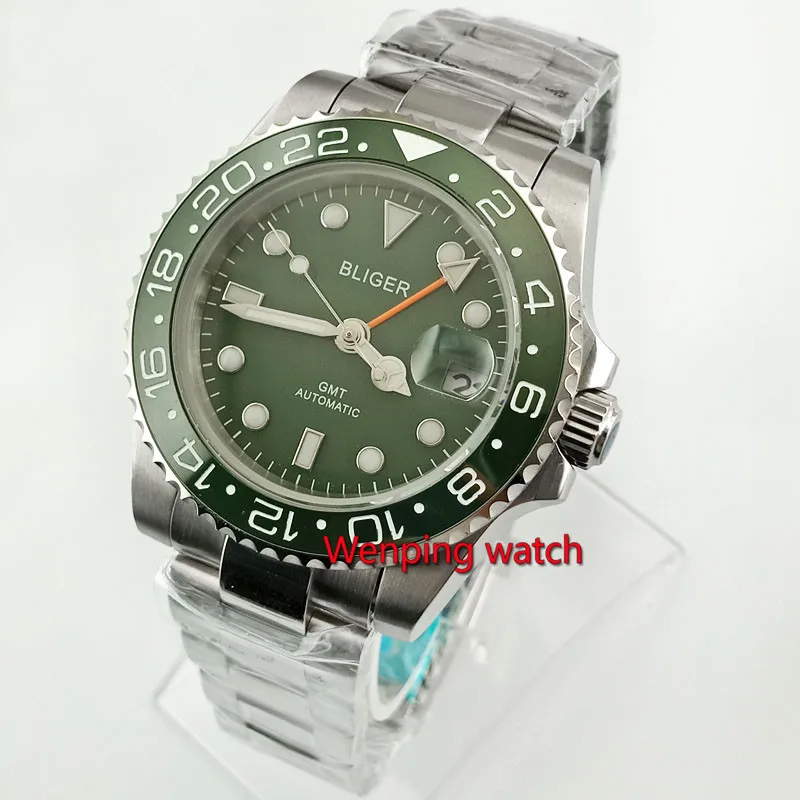 40mm Bliger Green Sterile Dial GMT Automatic Steel Case Green ceramic ring Luminous Men's Casual Wristwatch
40mm Bliger Green Sterile Dial GMT Automatic Steel Case Green ceramic ring Luminous Men's Casual Wristwatch