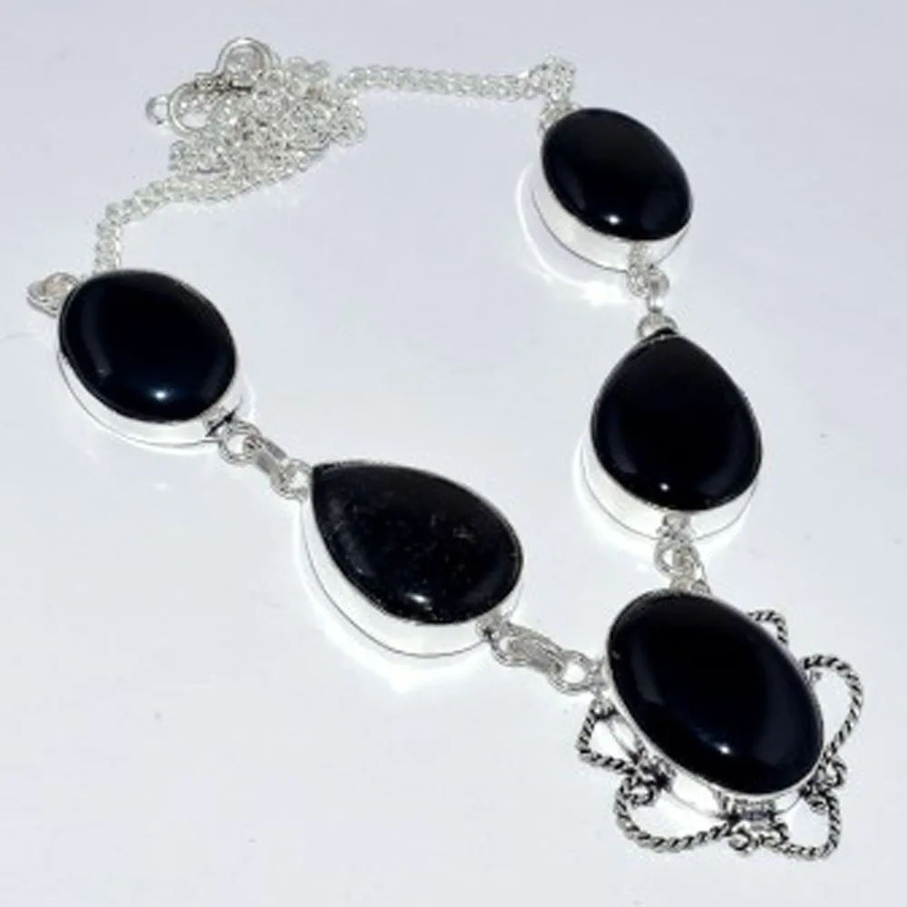 Black Onyx & Black Rutiles Necklace Silver Overlay over Copper, 50.2 cm , N3592
