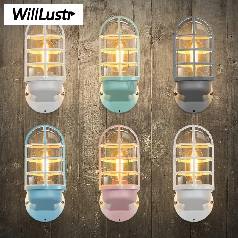 

Willlustr Iron Colorful Wall Lamp lighting vintage bulb light doorway foyer porch loft industrial clear glass shade Wall sconce