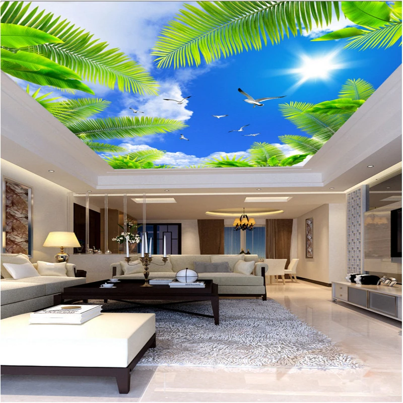 

beibehang Large custom wallpaper beautiful blue sky white clouds coconut trees seabird sunshine ceiling roof decoration
