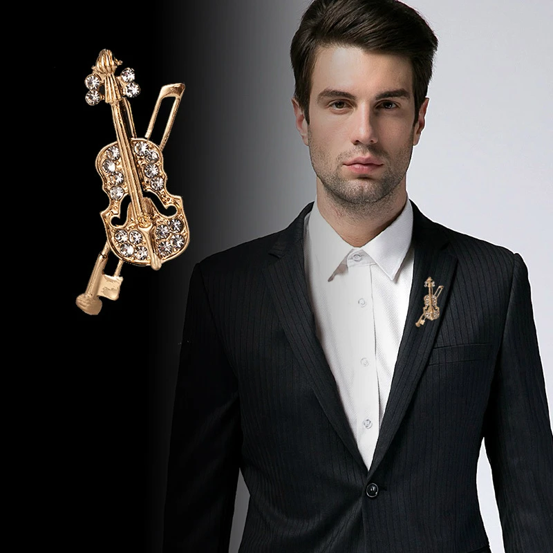 

New Art Violin Crystal Rhinestone Brooches Pins Simple Men Suit Needle Lapel Pin Metal Brooch Broches for Women Fashion Jewelry