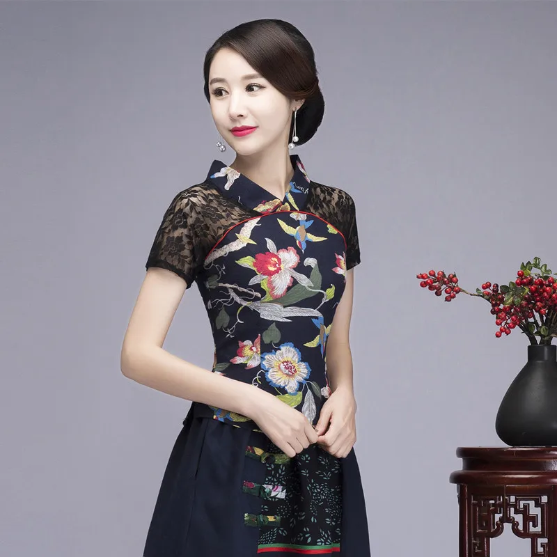 Фото Женская летняя рубашка Черная кружевная блузка из хлопка и льна в китайском