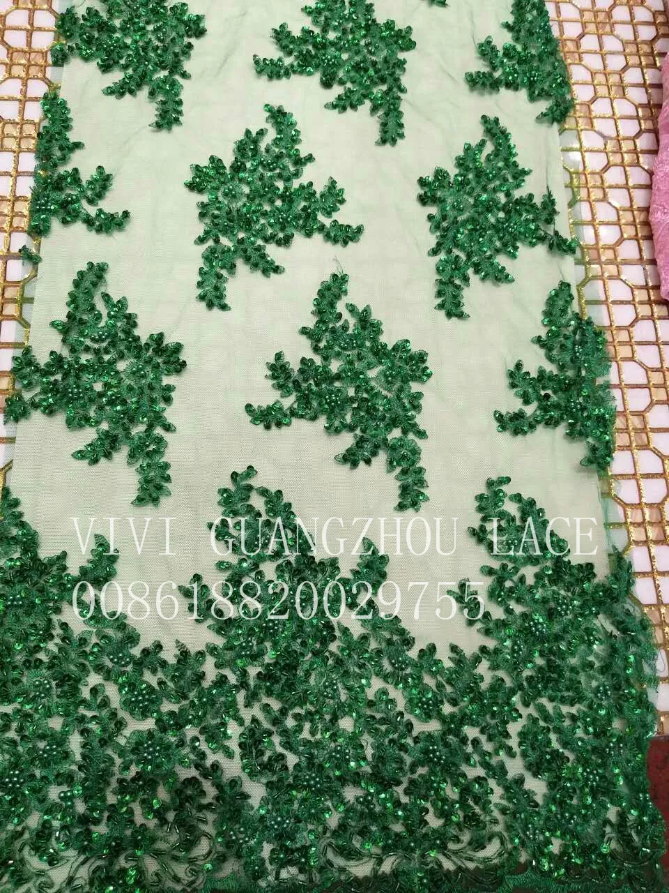 

5yards AA003-3 green handmade sequin tube beads embroidery french net tulle mesh lace for wedding/evening dress/party.