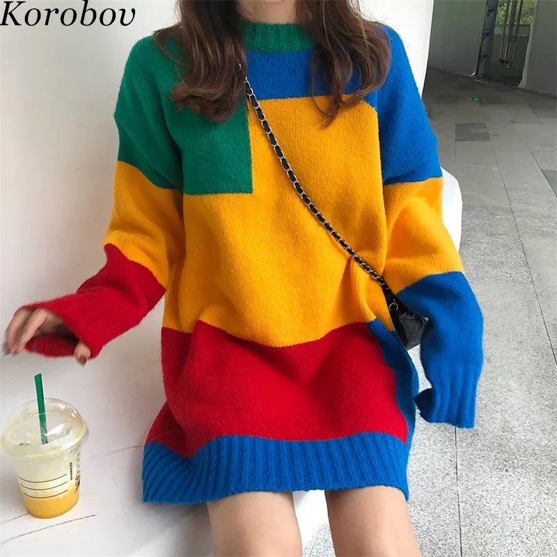 Korobov винтажные свитера с круглым вырезом корейский стиль лоскутные женские