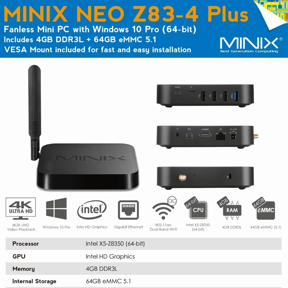 New MINIX NEO Z83-4 Plus MINI PC Intel Official Windows 10 Pro Mini PC Intel Atom X5-Z8350 HD Graphics 4GB/64GB Portable MINI PC
New MINIX NEO Z83-4 Plus MINI PC Intel Official Windows 10 Pro Mini PC Intel Atom X5-Z8350 HD Graphics 4GB/64GB Portable MINI PC