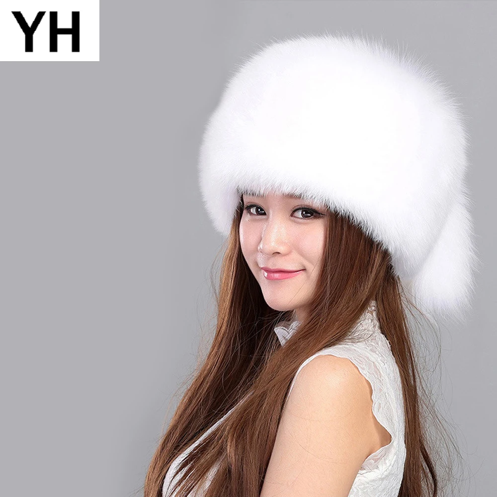 2021 New Lovely Real Fox Fur Hats Bombers Women Winter Warm Luxury Trapper Hat Caps Russian 100% Genuine Bomber | Аксессуары для