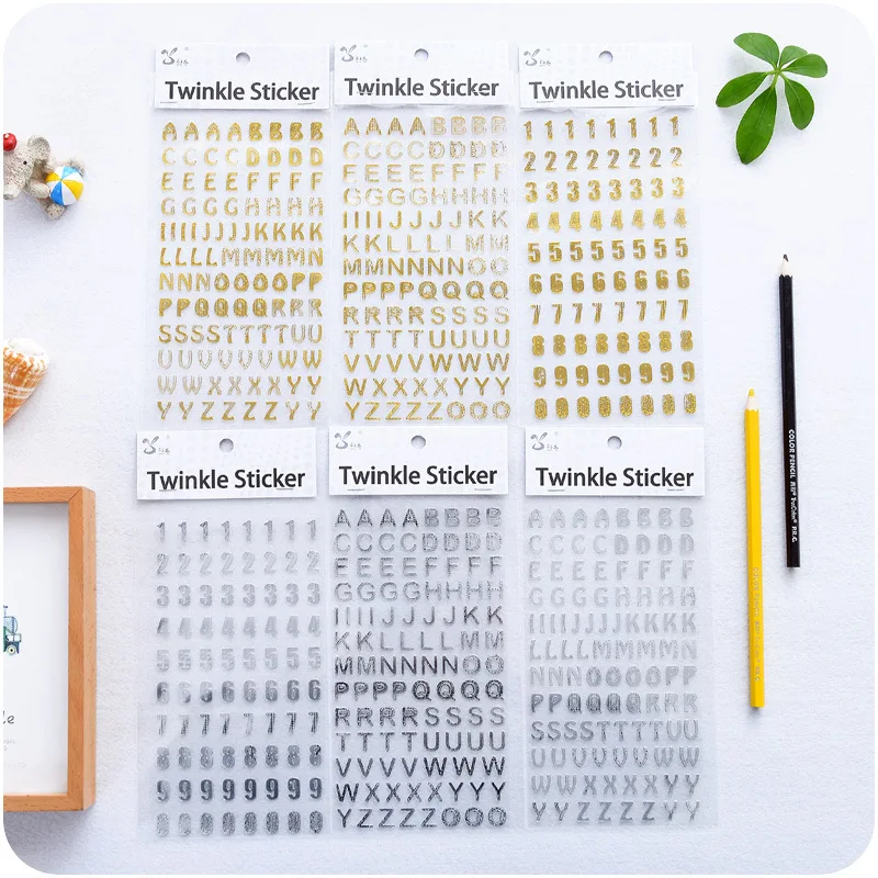 6pcs Twinkle Sticker Gold Silver Number Handwriting Alphabet Stickers for Album Diary Journal Marker Deco DIY Stationery A6963
6pcs Twinkle Sticker Gold Silver Number Handwriting Alphabet Stickers for Album Diary Journal Marker Deco DIY Stationery A6963