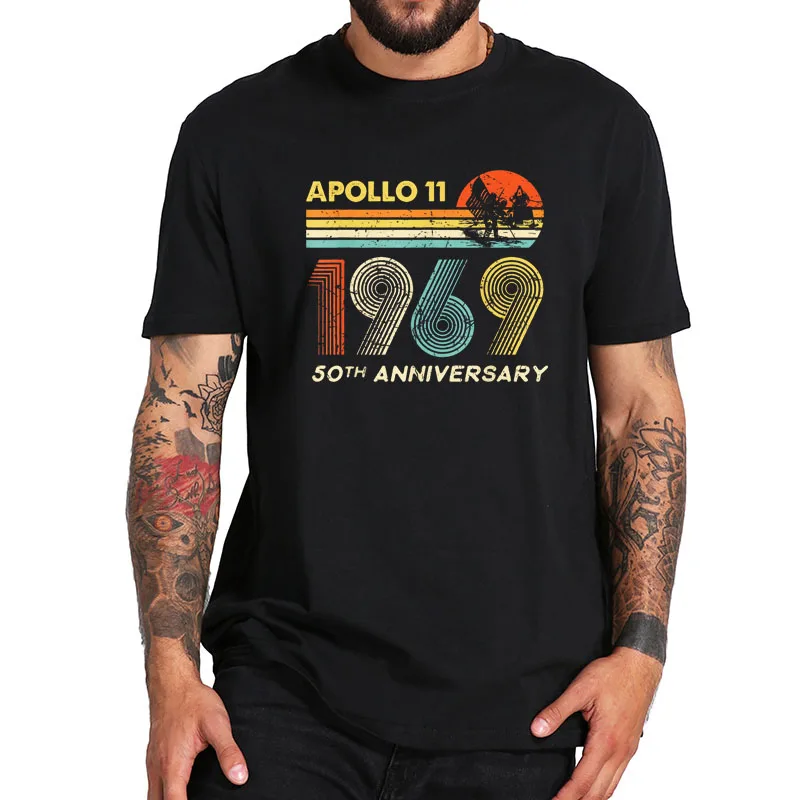 Европейский размер 100% хлопок черная футболка Apollo 11 Moon Landing 50th с вырезом лодочкой и