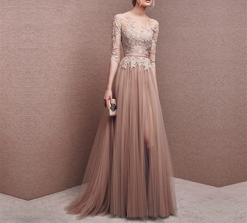 Robe de Soiree Long Evening Dresses Appliqued 2017 A Line Sheer Neck 3/4 Sleeves Formal Prom Party Gowns with Side Slit Custom
Robe de Soiree Long Evening Dresses Appliqued 2017 A Line Sheer Neck 3/4 Sleeves Formal Prom Party Gowns with Side Slit Custom