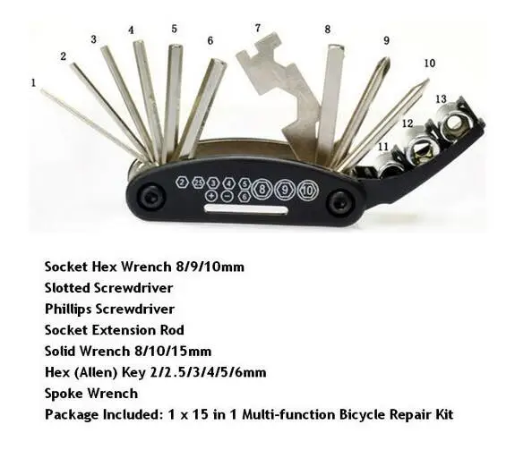 15 in 1 outain Bicycle Tools Sets Bike Multi Repair Tool Kit Hex Spoke Wrench Mountain Cycle Screwdriver | Спорт и развлечения