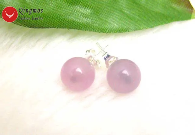 Qingmos Trendy Pink Jades Earrings for Women with 8mm Round Natural Stone Sterling Silver S925 Stud Earring Jewelry ea133 | Украшения и