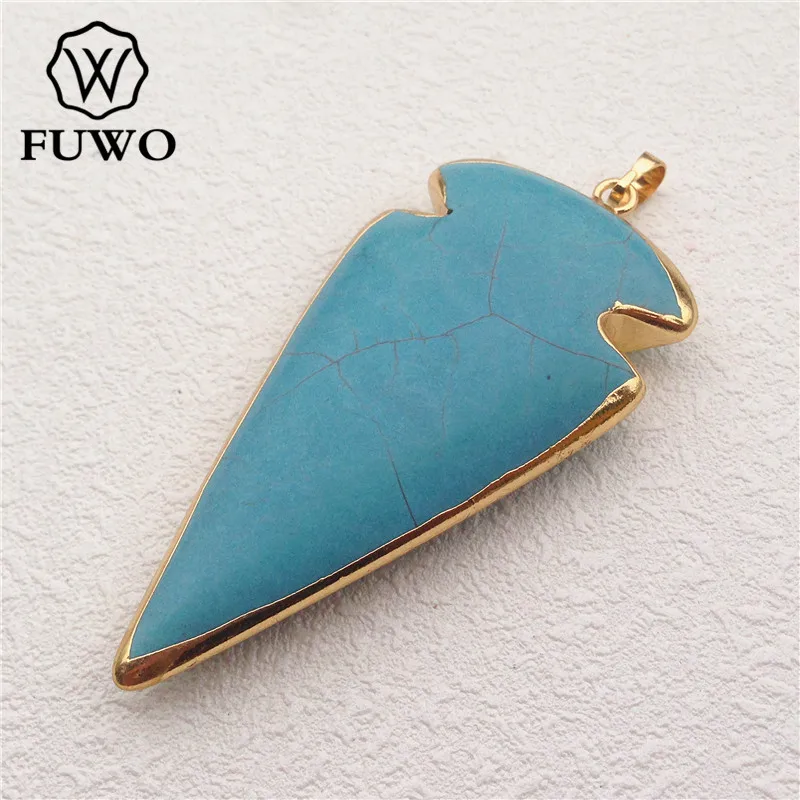 

FUWO Wholesale Arrowhead Turquoises Natural Blue Howlite Pendants 24K Gold Electroplate Single Bail Stone Fashion Jewelry PD017