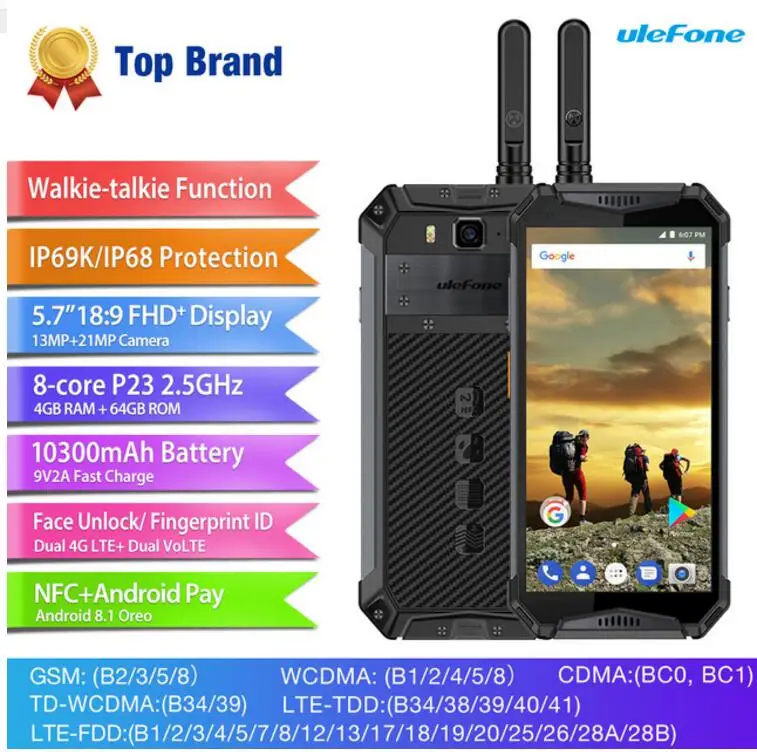 Ulefone Броня 3 T IP69K IP68 Водонепроницаемый Helio P23 MTK6763T Octa Core 5 7 "FHD + Android 8 1 4 GB 64 PTT