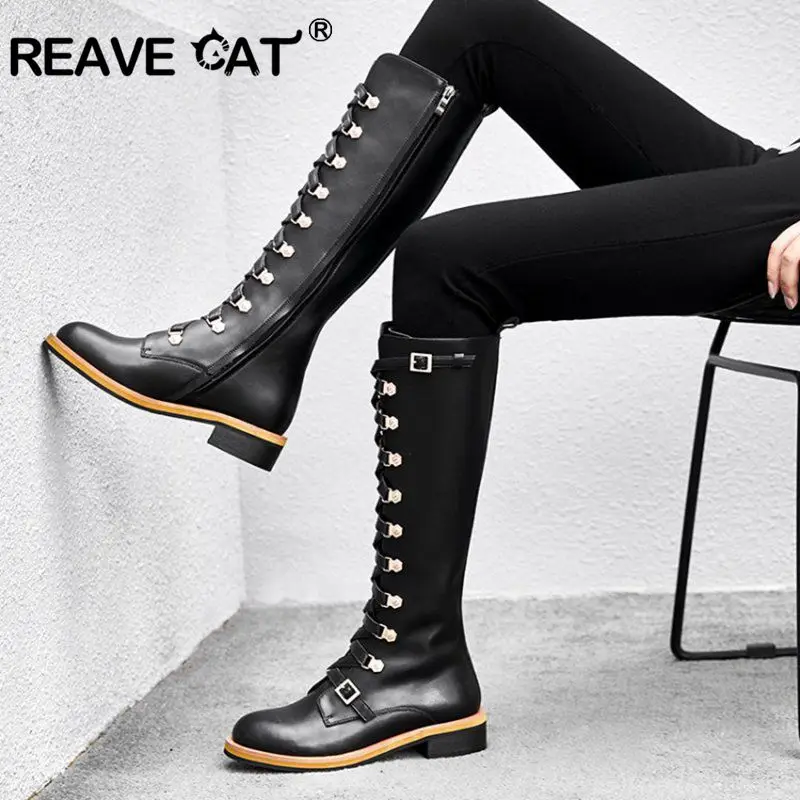 REAVE CAT Spring Mid calf Boots Round toe Thick heel Zipper Metal buckle Botas feminino mujer black Women ridding boots A1428
REAVE CAT Spring Mid calf Boots Round toe Thick heel Zipper Metal buckle Botas feminino mujer black Women ridding boots A1428