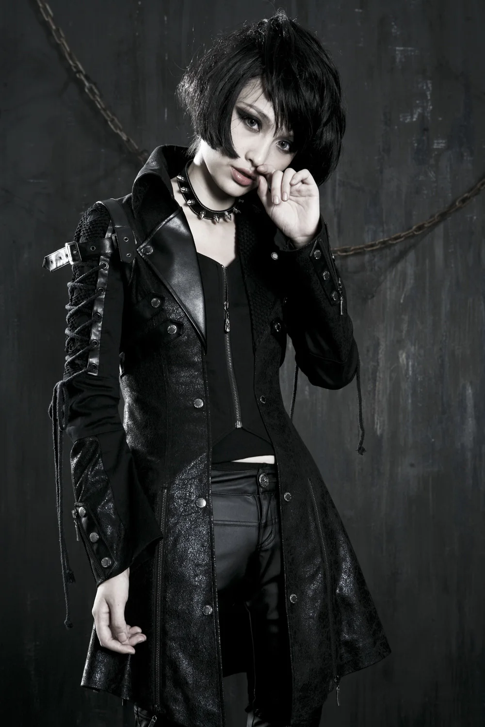 PUNK RAVE Gothic special hot rubber full sleeve Punk female Leather coat Y-349 
PUNK RAVE Gothic special hot rubber full sleeve Punk female Leather coat Y-349