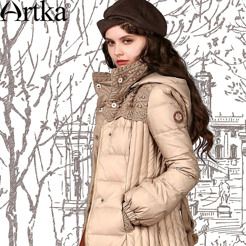 Artka женский ретро новый зимний высоким воротником со шляпой 90%-Белый утиный пух