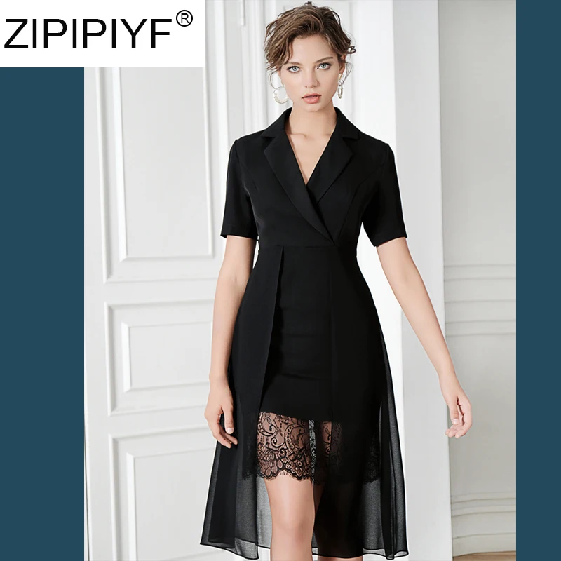 Solid Color The New Summer 2019 Slim Sexy Black Dress Fashion OL Lace Chiffon Patchwork Dress Elegant Women Notched Collar C1718
Solid Color The New Summer 2019 Slim Sexy Black Dress Fashion OL Lace Chiffon Patchwork Dress Elegant Women Notched Collar C1718