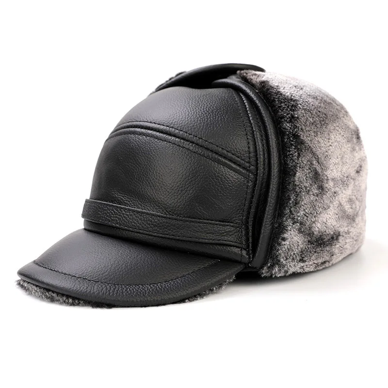 Зимняя шапка-бомбер из воловьей кожи для мужчин среднего возраста плюс бархатная