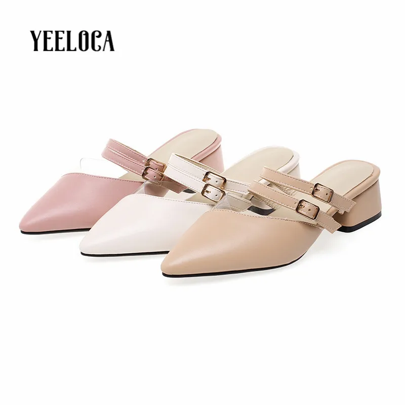 

YEELOCA 2019 slippers women summer med heels pointed toe hoof heels outside slides narrow band woman shoes
