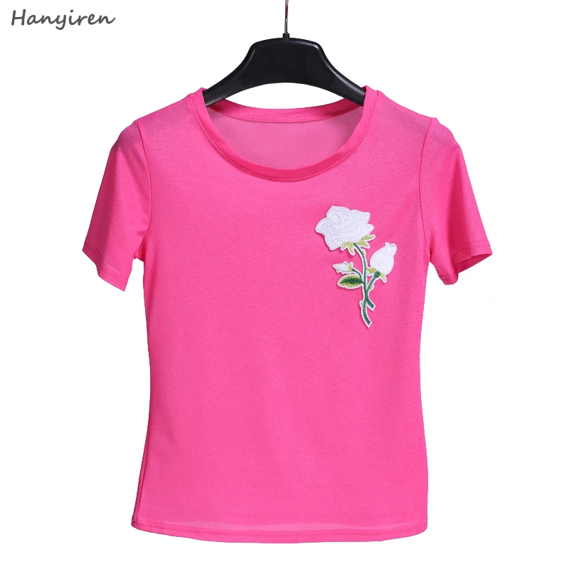 Фото Hanyiren 2019 Новая женская футболка Женская Роза Модная Летняя нашивка Короткие