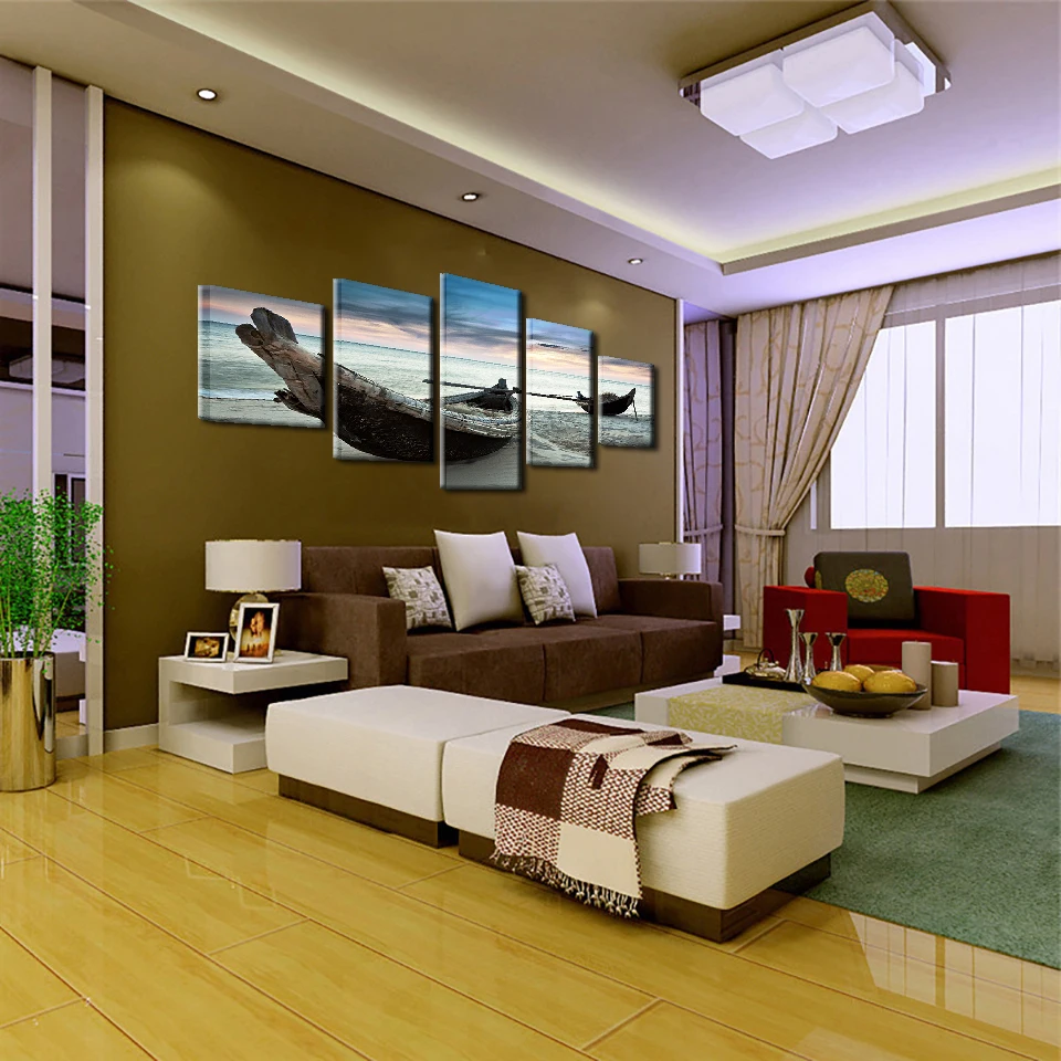 Canvas Paintings Wall Art HD Prints Pictures Home Decor 5 Pieces Beach Landscape Boat Seascape Posters For Living Room Framework | Дом и сад