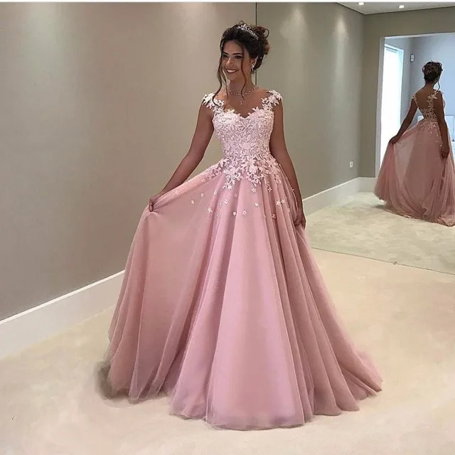 

Robe De Soiree Illusion Back Prom Dres Long Pink Saudi Arabic Evening gowns Lace Appliqued Formal dress party vestido elegante