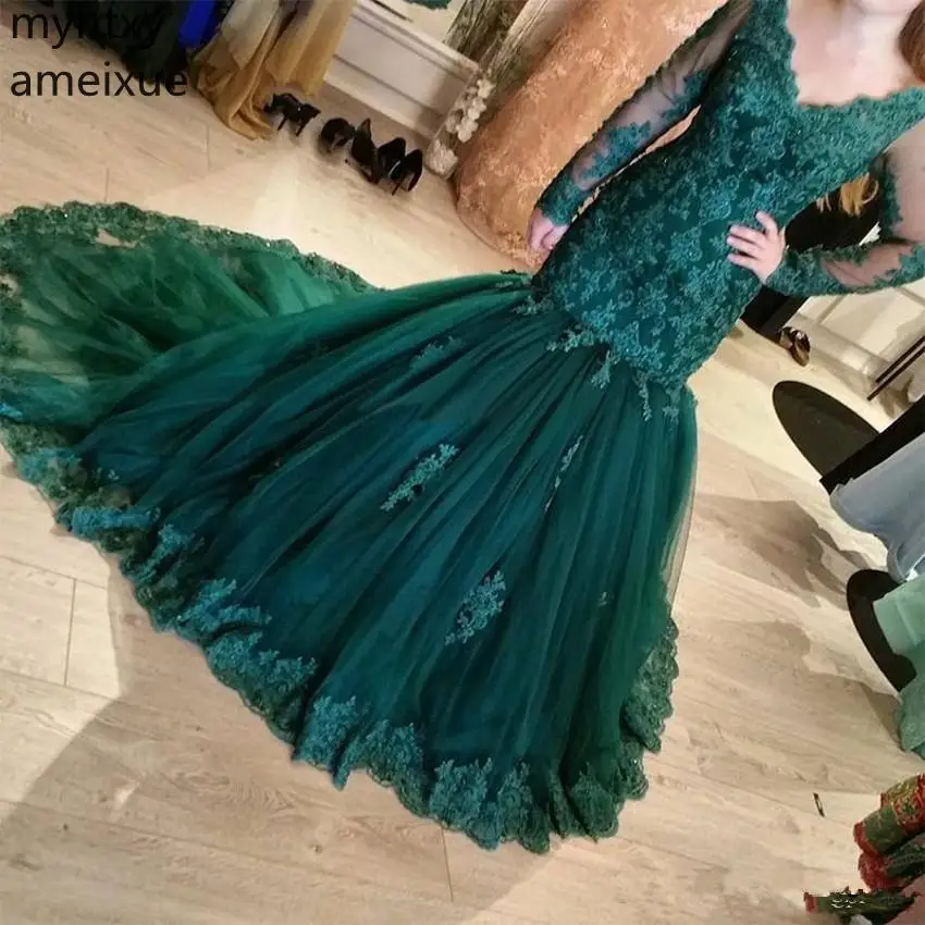 Dark Green 2021 Lace Mermaid Evening Dresses V Neck Court Train Tulle Long Illusion Sleeves Party Gowns Custom Dress Plus Size
Dark Green 2021 Lace Mermaid Evening Dresses V Neck Court Train Tulle Long Illusion Sleeves Party Gowns Custom Dress Plus Size