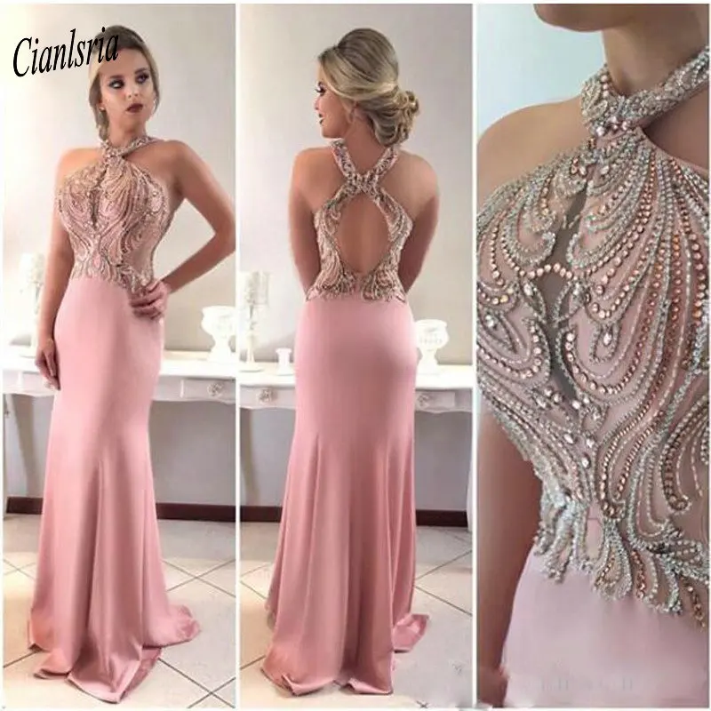 Pink Sexy Open Back Mermaid Evening Dress Halter Beading Crystal Saudi Arabic Formal Evening Party Dresses 2020 robe de soiree
Pink Sexy Open Back Mermaid Evening Dress Halter Beading Crystal Saudi Arabic Formal Evening Party Dresses 2020 robe de soiree