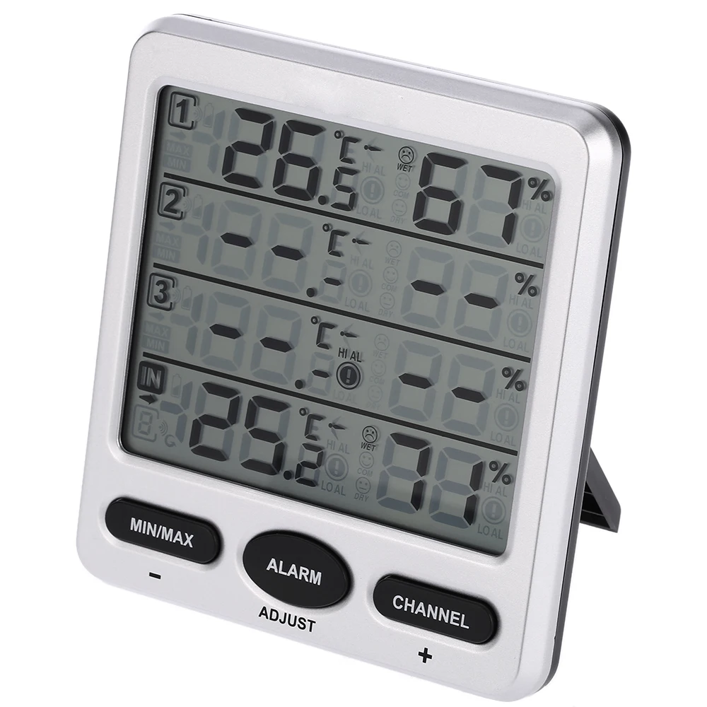 LCD Digital Thermo-hygrometer with Three Remote Sensors Thermometer Hygrometer 433MHz Wireless 8-Channel Indoor/Outdoor
LCD Digital Thermo-hygrometer with Three Remote Sensors Thermometer Hygrometer 433MHz Wireless 8-Channel Indoor/Outdoor