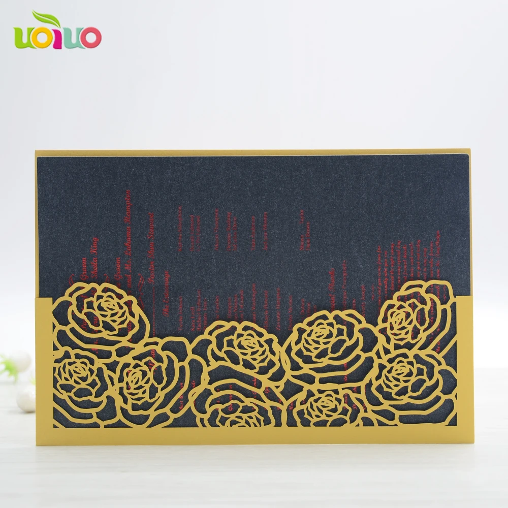 

2017 New 10pcs/lot sea blue Hollow Flower gate Wedding Invitation Card With insert paper Envelope Free Shipping