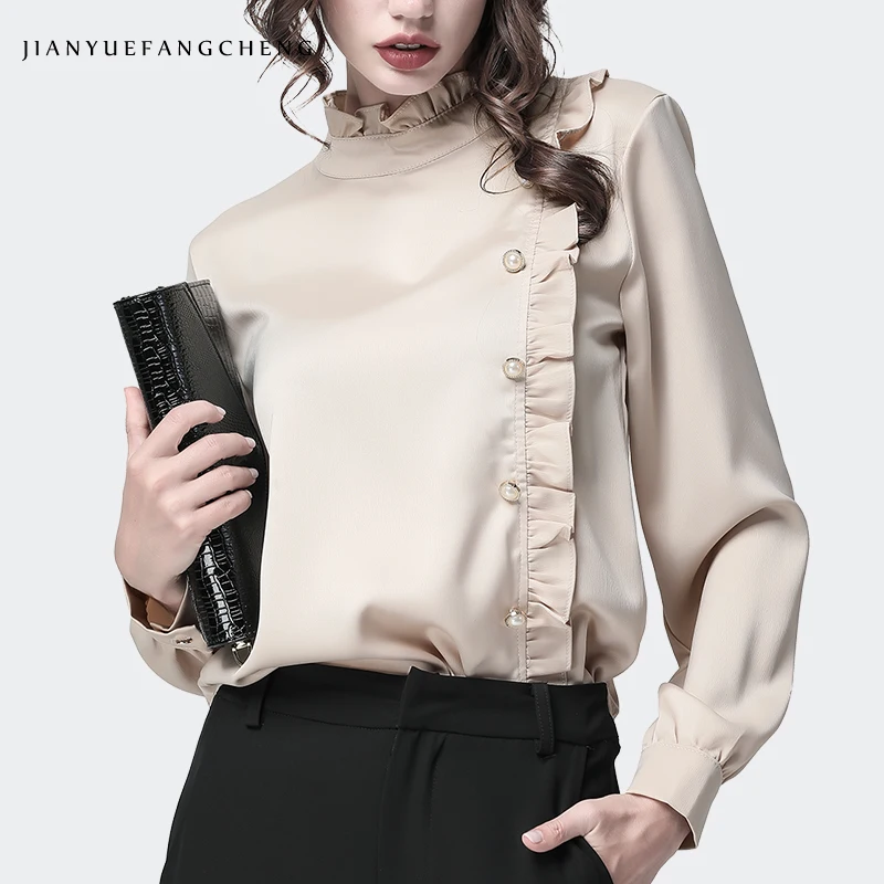 Luxury Pearl-mounted Ruffles Soft Satin Blouse Women Stand Ruffled Collar Long Sleeve Plus Size Apricot Female Tops And Blouses
Luxury Pearl-mounted Ruffles Soft Satin Blouse Women Stand Ruffled Collar Long Sleeve Plus Size Apricot Female Tops And Blouses