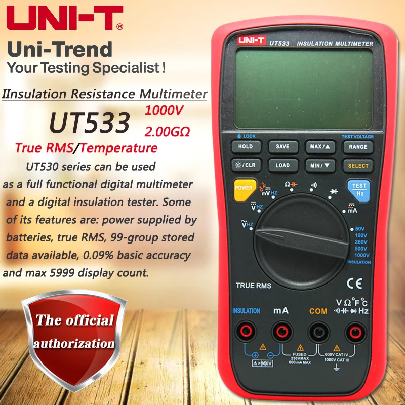 UNI-T UT533 True RMS Insulation Resistance Multimeter, 1000V Megohmmeter Resistance/Capacitance/Frequency/Temperature Test
UNI-T UT533 True RMS Insulation Resistance Multimeter, 1000V Megohmmeter Resistance/Capacitance/Frequency/Temperature Test