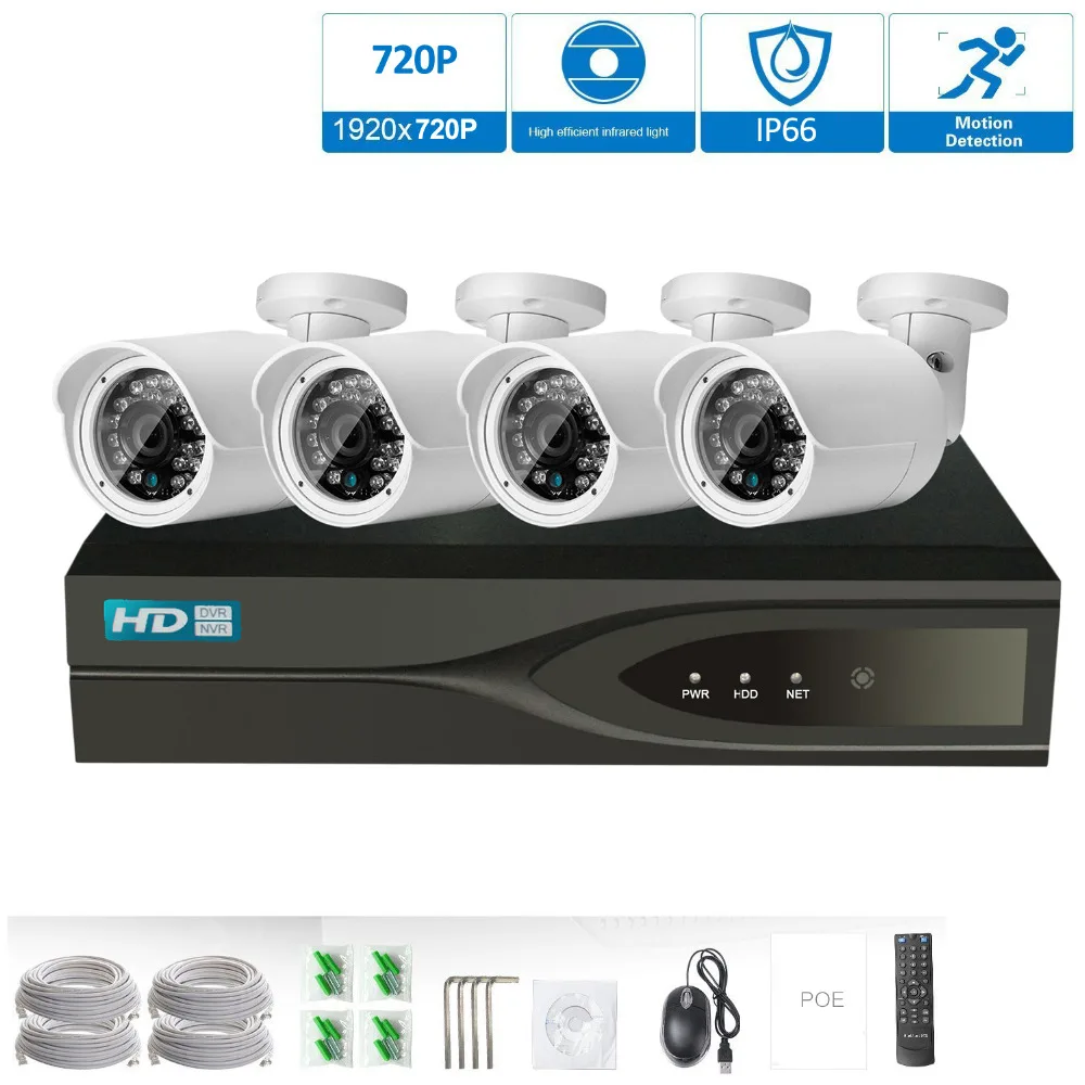 HD 1080 P POE 4 шт. 1.0MP IP Сетевая камера видеонаблюдения CCTV системы 720 4CH HDMI NVR оповещения