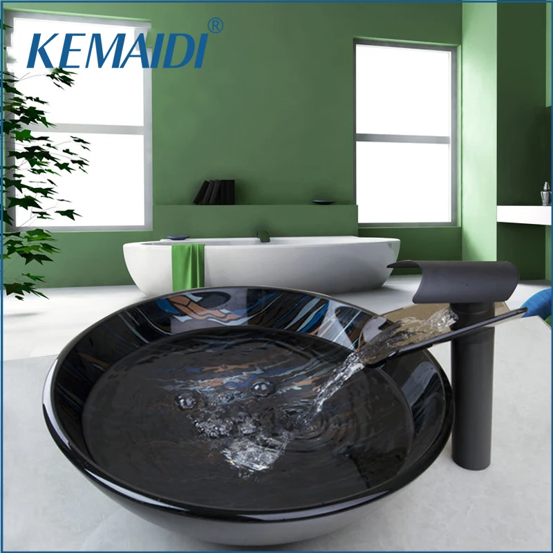 

KEMAIDI New Hand Paint Vessel Washbasin Tempered Glass Basin Sink With Waterfall Faucet Taps Water Drain Bathroom Sink Set
