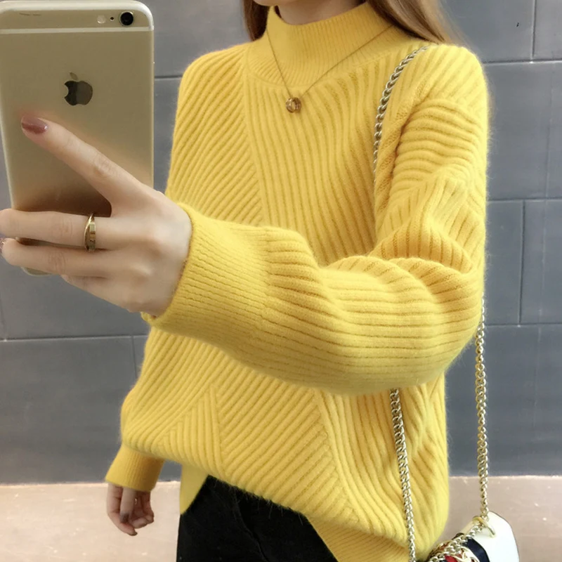 PEONFLY New 2019 Loose Thick Warm Winter Pullover Sweater Women Jumper Half Turtleneck Long Sleeve Knit Yellow Female | Женская одежда
