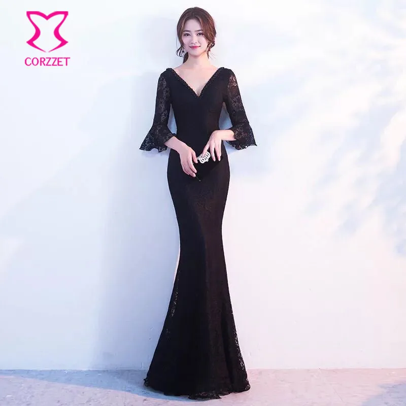 

Женское длинное вечернее платье с юбкой-годе, черное элегантное облегающее платье с глубоким V-образным вырезом и цветочным кружевом и открытой спиной, украшенное бусинами