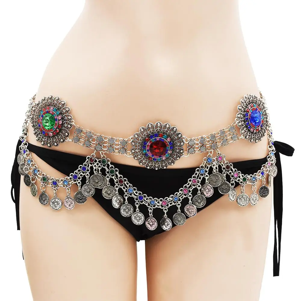 

Gypsy Colorful Rhinestone Flower Body Waist Chain Blue Stone Coin Dance Belt Belly Chains Indian Turkish Tribal Summer Jewelry