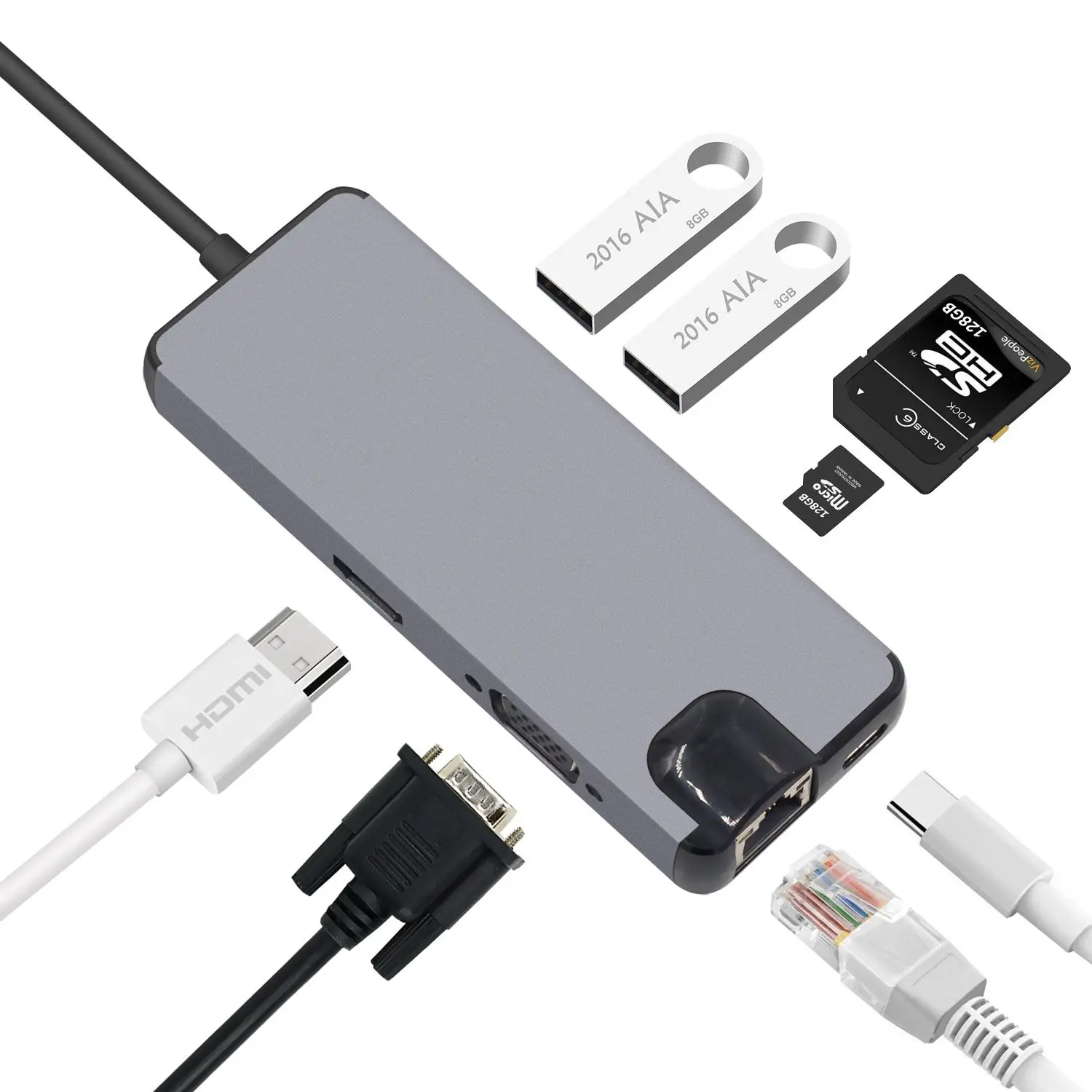

8 портов USB C Hub HDMI VGA Ethernet Lan RJ45 адаптер для Mac book Pro, Type C хаб кардридер 2 USB 3,0 + Type-C зарядный порт