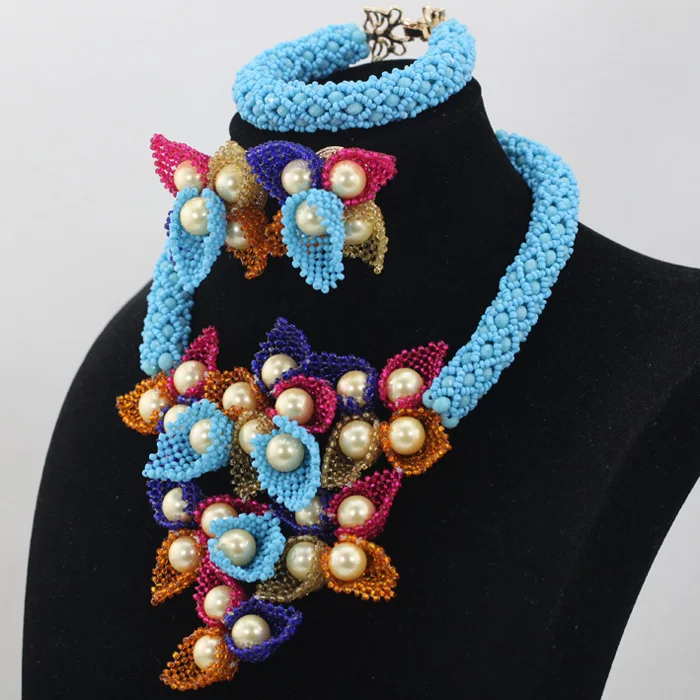 African Sky Blue Crystal Beads Add Many Flowers Necklace Sets Nigerian Costume Indian Bridal Jewelry Free Shipping ANJ016 | Украшения и